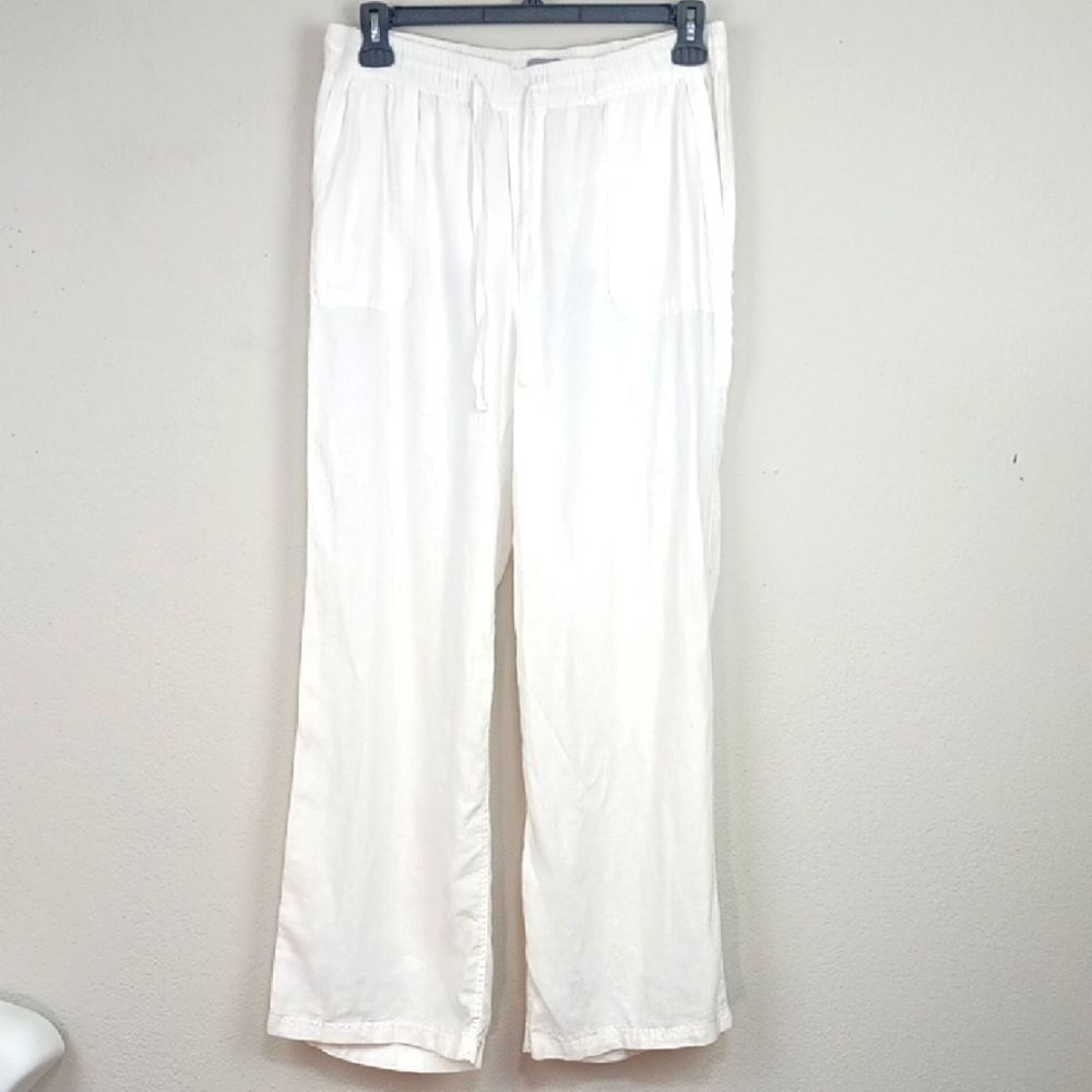 Kenar Women White Drawstring Straight Leg 100% Linen Pants sz L